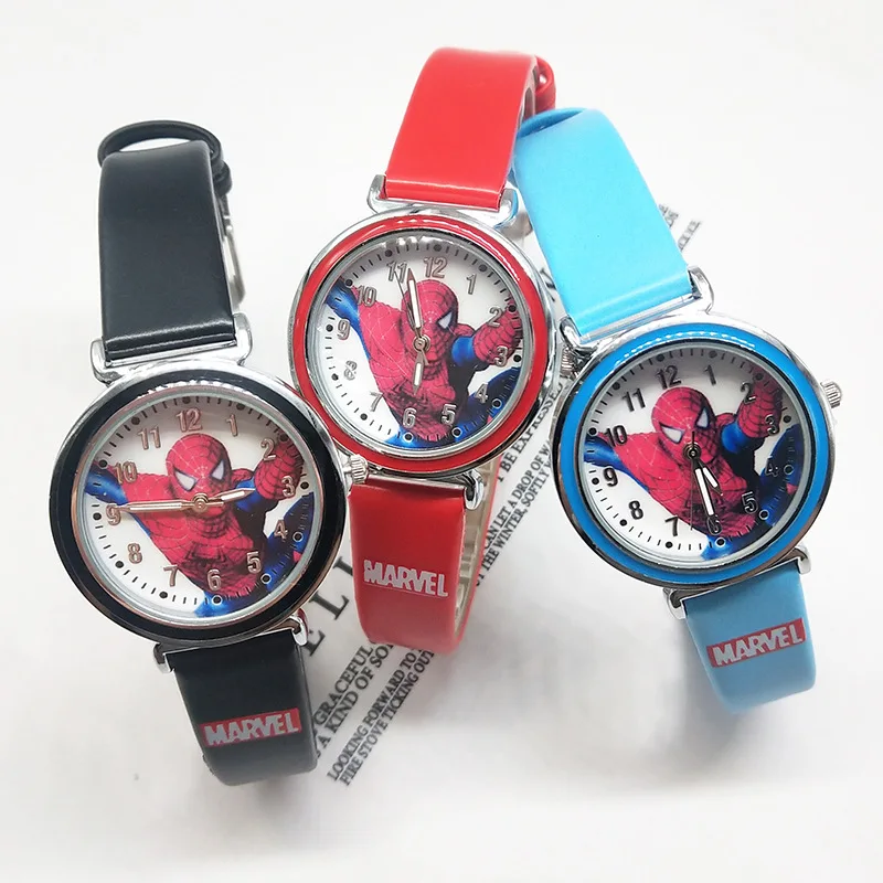 Miniso Anime Cartoon Marvel Captain America Spiderman Iron Man Round Quartz Boys Students Watch Kids Leather Belt Watch Gift