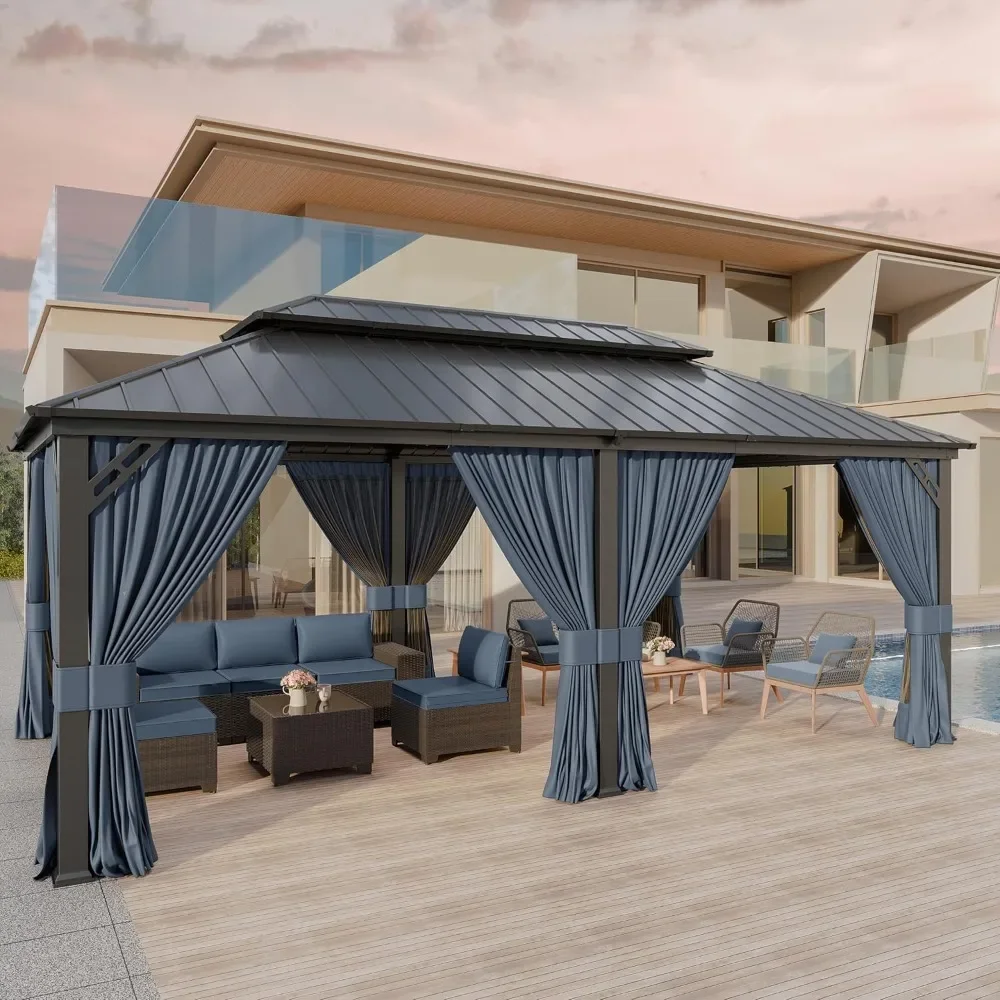 أكشاك ألومنيوم باللون الأزرق الداكن، جناح خارجي دائم مقاس 12 × 20 قدمًا مع سقف مزدوج وشبكة #6