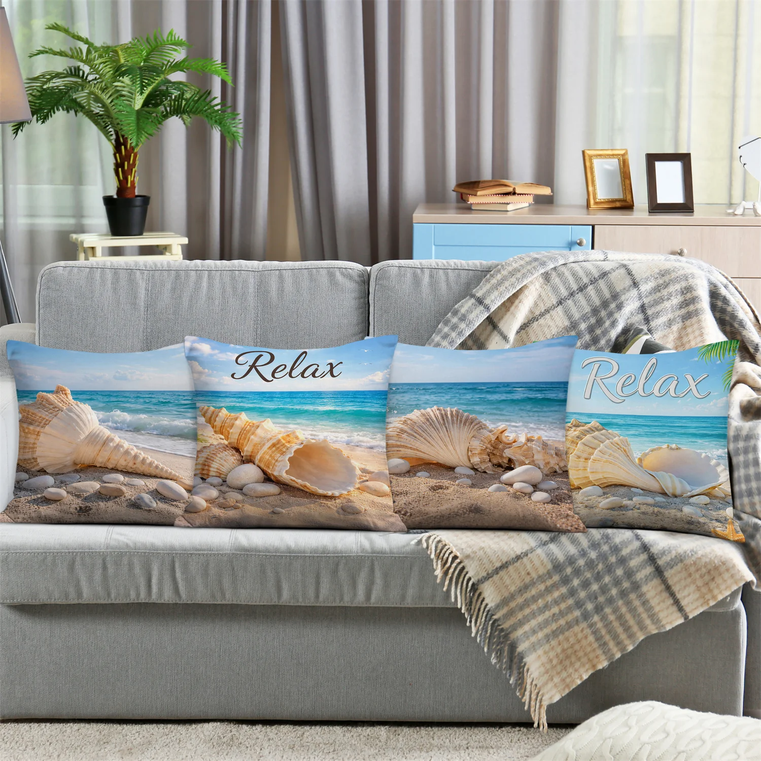 Beach Shell Relaxation Text digital printing pillow cover Short plush Suitable living rooms bedrooms sofas throw cushion cover