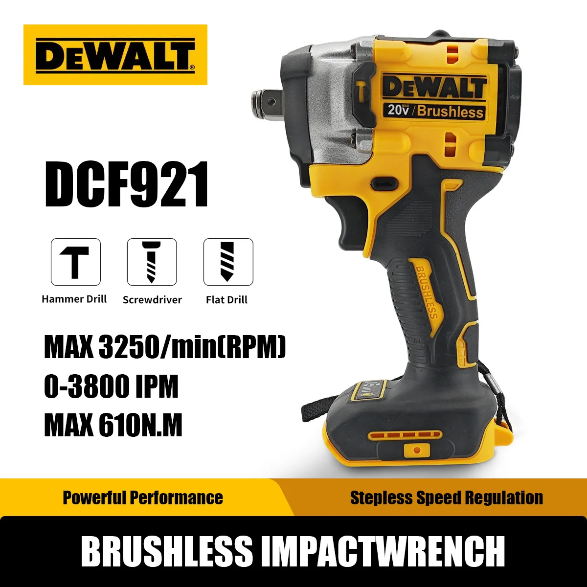 Llave de Impacto Inalámbrica DEWALT DCF921 ATOMIC 20V MAX de 1/2 Pulgada, Velocidad Variable, Carga Integrada, Sin Batería Incluida