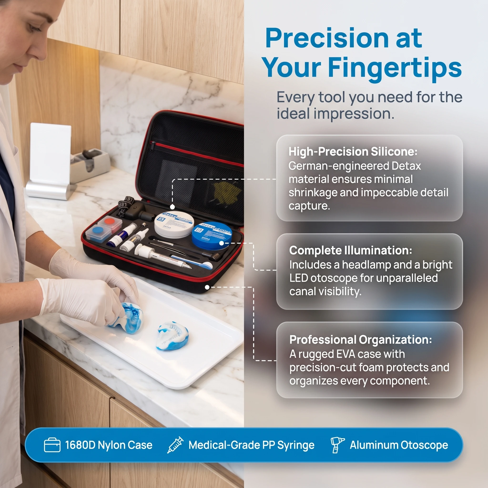 Custom Ear Impression Taking Kit for Earmold Fabrication, Hearing Aid Fitting Accessory Set with Pen Light and Headlamp