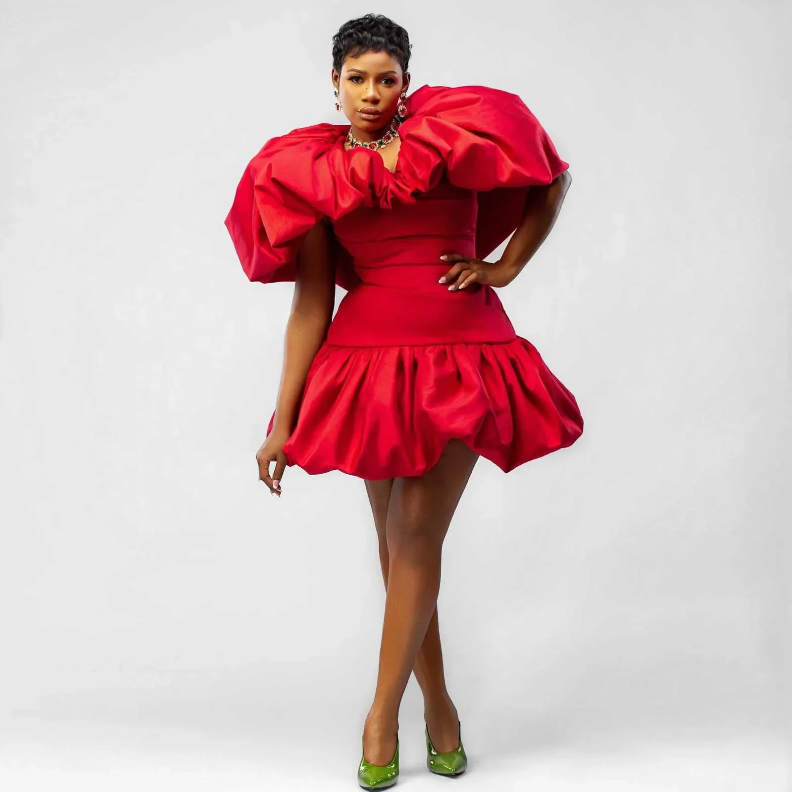 

Black Girls Birthday Dress Custom Gown Cap Sleeves Ruffle Satin African Wedding Guest Gown Aso Ebi Style Red Short Prom Dress