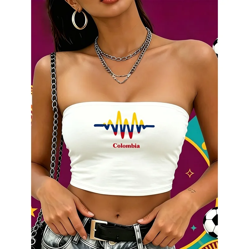 Colombia Flag Heartbeat ECG Line Graphic Tube Top White Strapless Cropped Bandeau Top