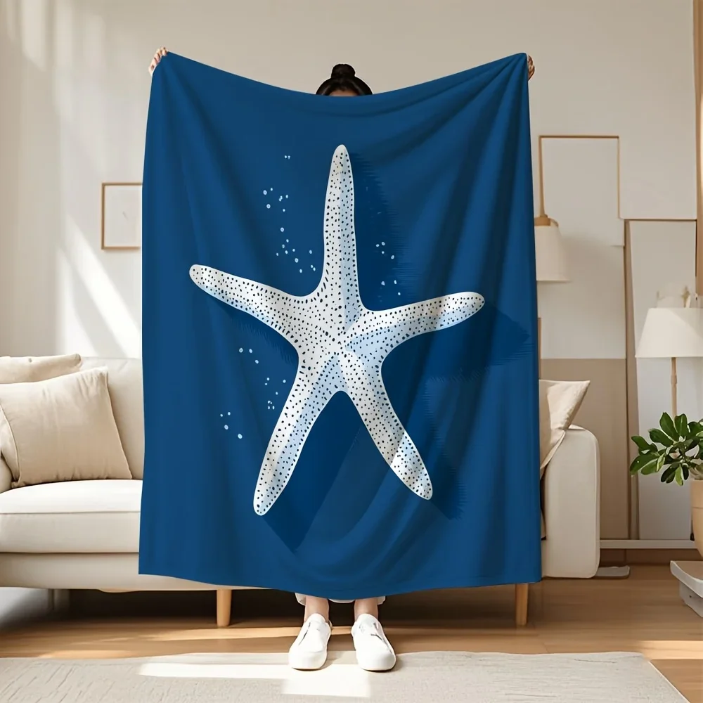 

pc White Starfish on Blue Geometric Pattern Flannel Blanket Soft QuickDrying Durable AllSeason Throw for Bed Sofa Camp