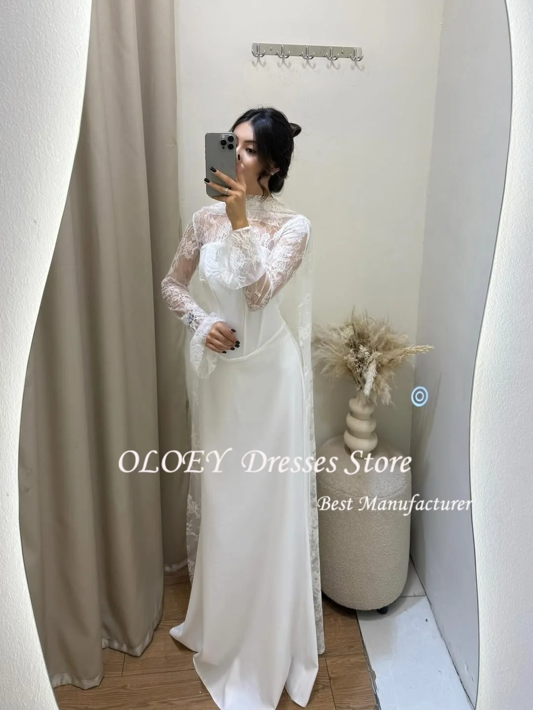 OLOEY High Collar Long Sleeve Lace Vintage Wedding Dresses Applique 3D Flowers Bobycon Church Mermaid Bridal Gown Customized