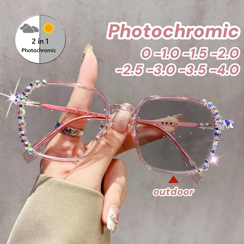 Photochromic Anti Blue Light Myopia Glasses Trendy Large Frame Shining Eyewear Vintage Square Color Changing Near Sight Glasses