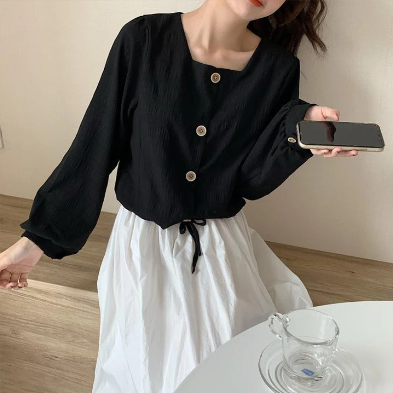 Shirts Women Solid Square Collar Loose Sweet Fall Simple Chic Casual Shirt Kpop Vintage Gentle Lace-up Fashion Preppy Style Ins