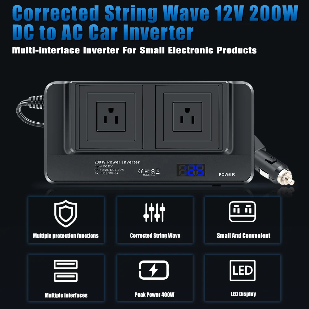 US Socket 2 AC Outlet 4USB Ports Charger Modified Sine Wave 200W Power Inverter DC 12V to AC 110V Car Inverter Charger