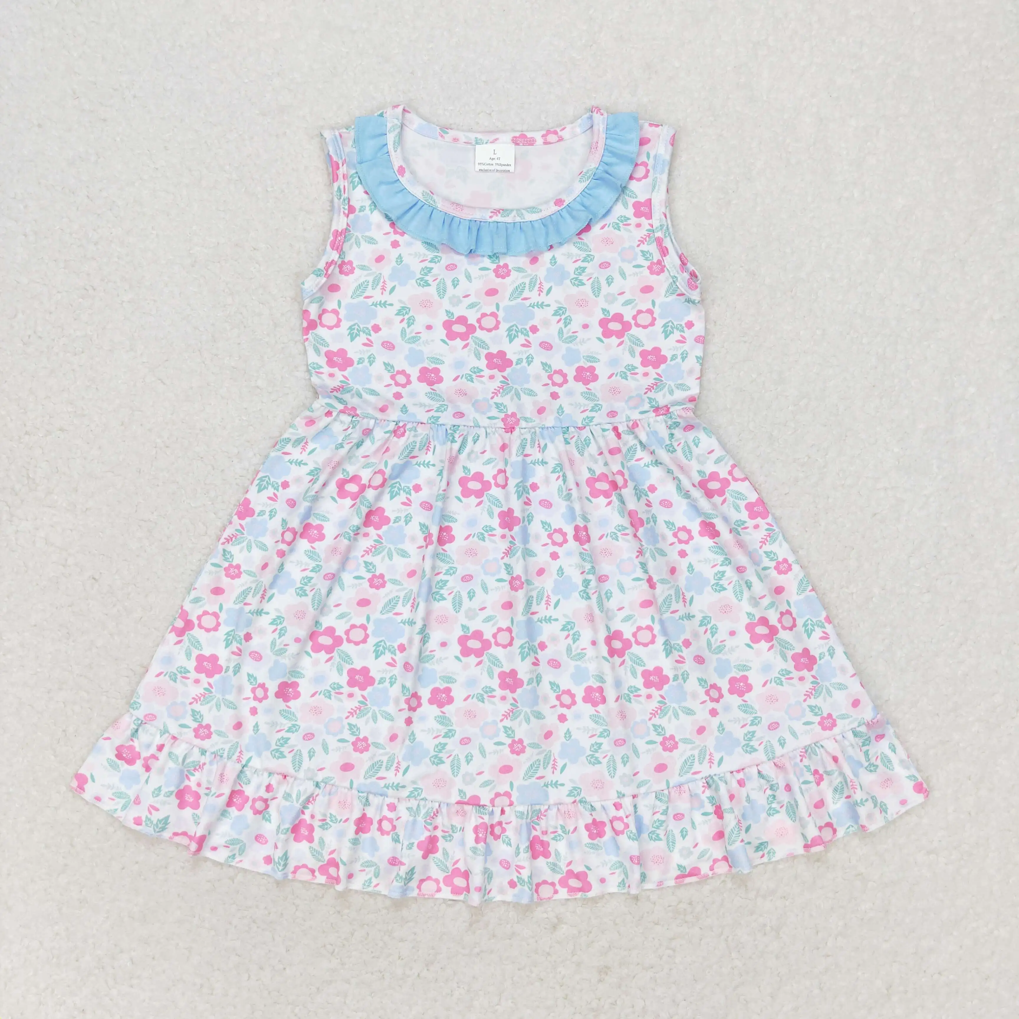 Wholesale Baby Girl Plaid Flower Ducks Toddler Infant Summer Knee Length Dress Kids Boutique Clothes Children One Piece Clothing