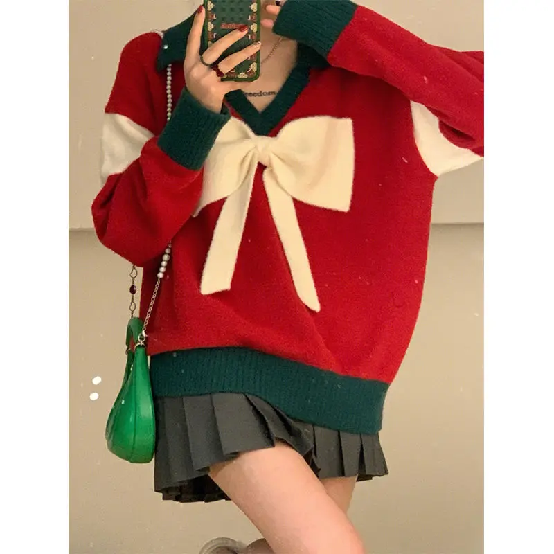 

Nice Red Christmas Sweet New Casual Pullovers Office Lady Autumn Winter Solid Sweaters Long Sleeve Tops Loose Women's Clothing 2