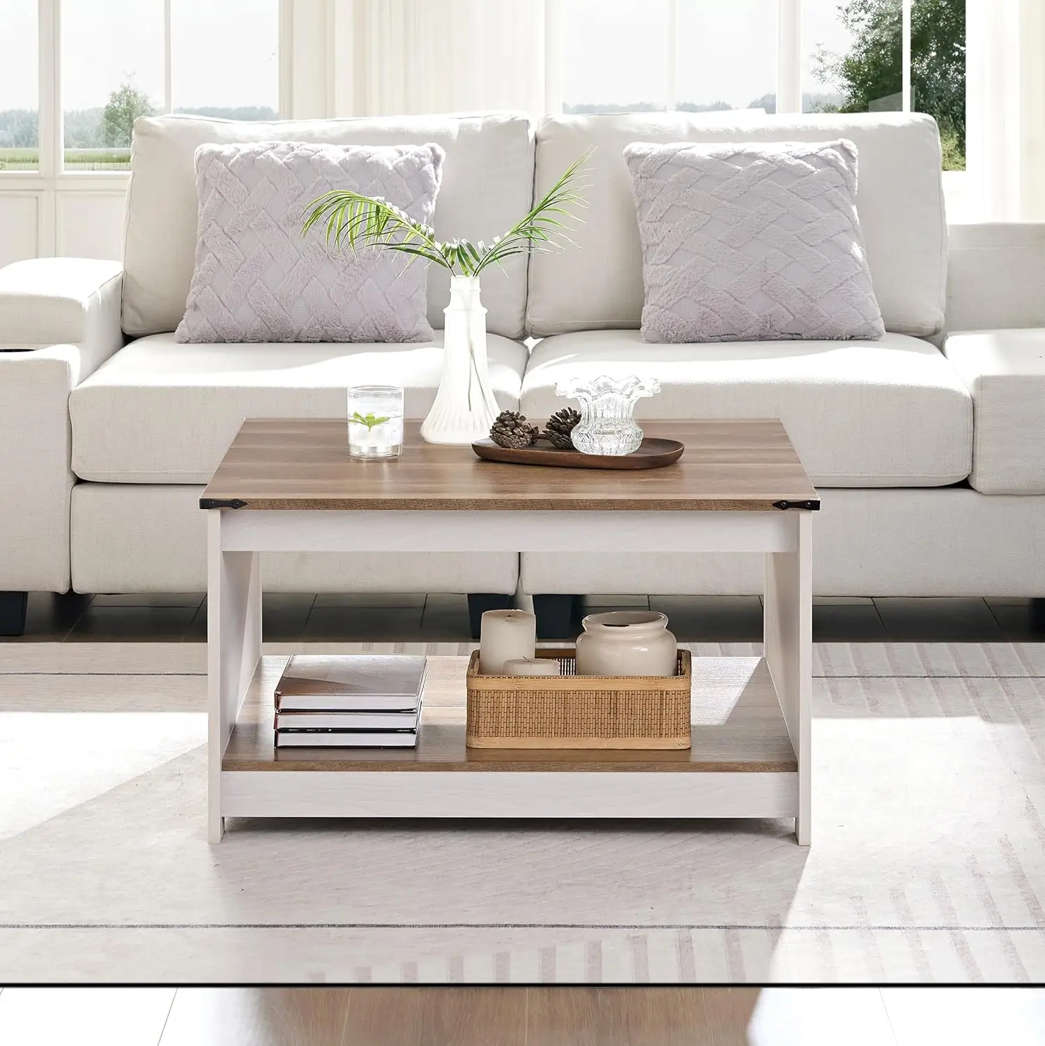 Farmhouse Coffee Table for Living Room, Wood Square Coffee Tables, 31.5" D x 31.5" W, Grey Wash