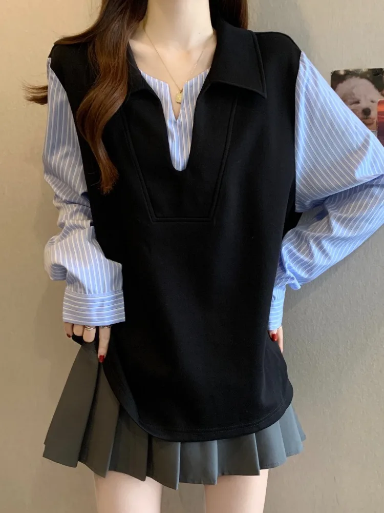 

Striped Patchwork V-Ne Long Sve irt Women's Spring Faion plus Size Slimming Trendy Top False Two-Piece Loose Fit