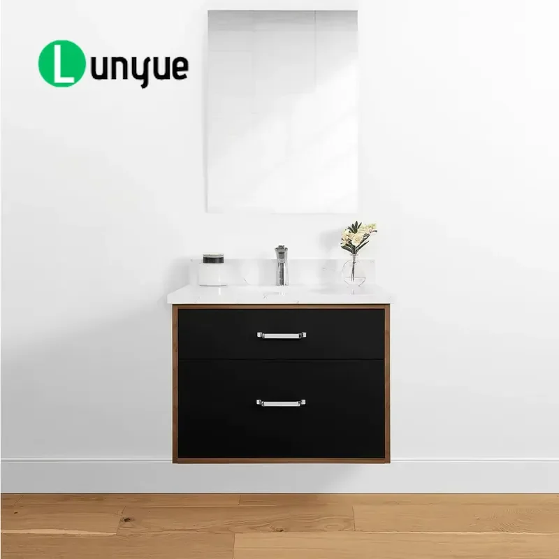 30 Inch Wall Mounted Bathroom Vanity Matte Black Floating Design with Quartz Countertop Modern Storage Cabinet for Bathroom