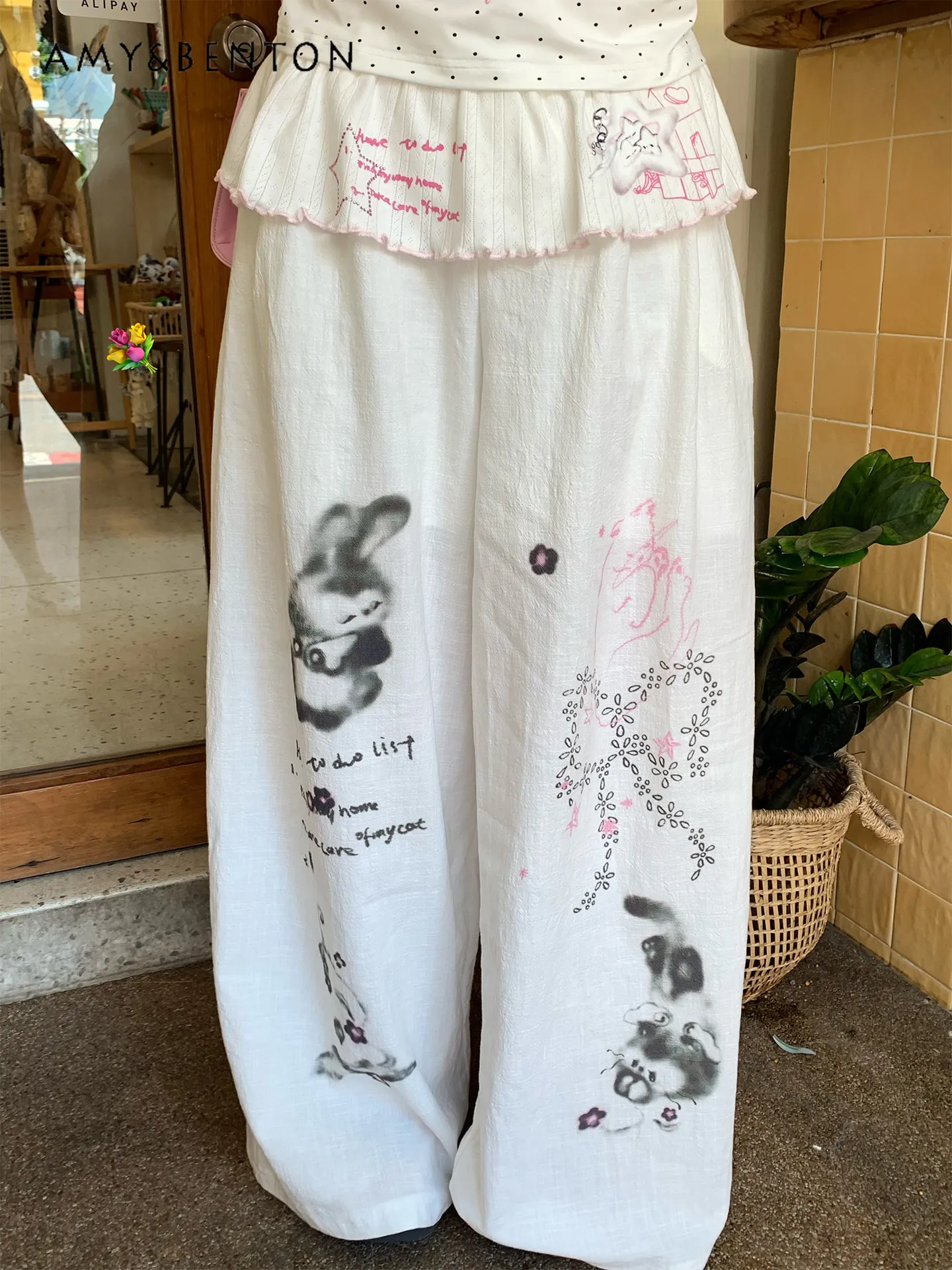 

2026 Summer New Women's Cute Sweet Cartoon Letter Print White Loose Casual Long High-waisted Lightweight Pants
