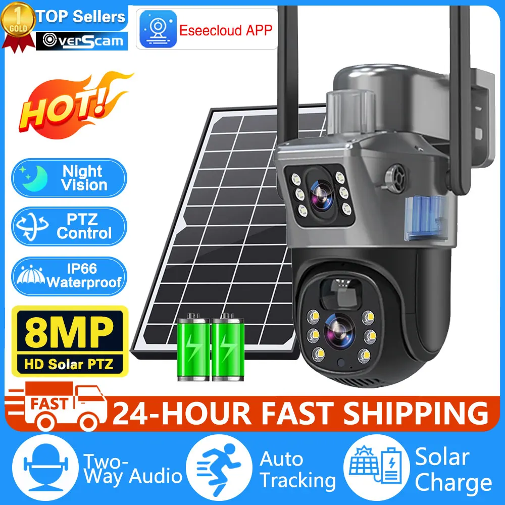 

4K 8MP Dual Lens Solar Camera Outdoor Security WiFi Surveillance Cameras With Solar Panel Auto Tracking PIR Detection PTZ Camera