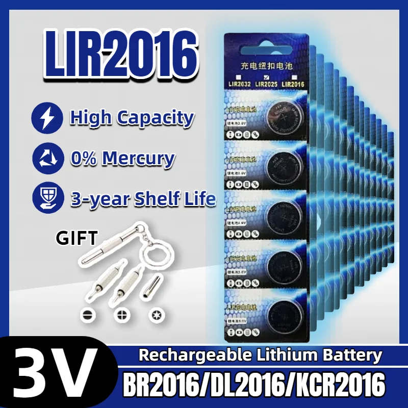 

LIR2016 Rechargeable 3.6V Li-ion Battery, Long-Lasting Lithium Coin Cell, Replaces CR2016 for Car Remote Control Key Fob
