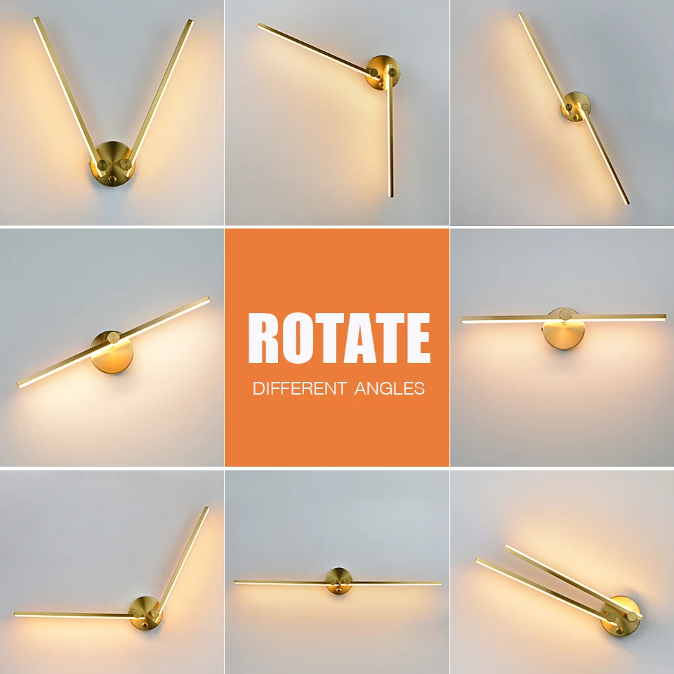 Aplique Led Minimalista Oro 300 °   Aplique de pared giratorio libremente ajustable, luces para sala de estar, dormitorio, baño, espejo, decoración del hogar