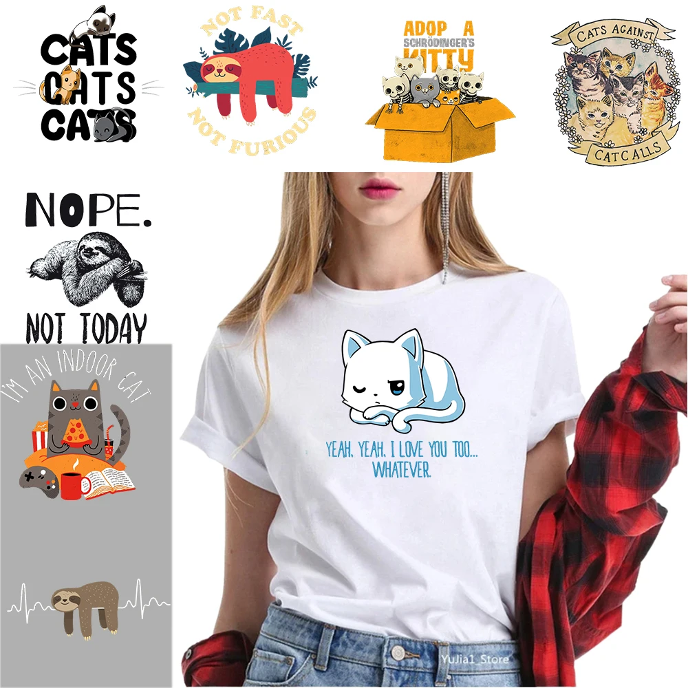 Cartoon Cat Sloth Pattern Iron-On Transfer For Clothing Diy a-Level Washable t-Shirts Thermal Patches Stickers Applique