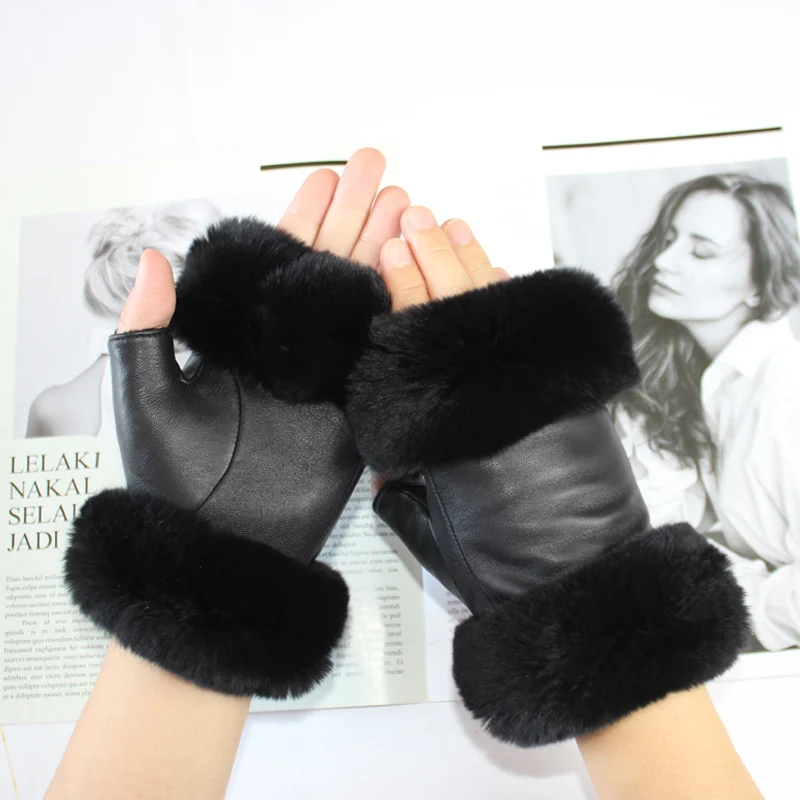 Women's leather gloves black short quality sheepskin rabbit hair mouth fashion half finger gloves winter