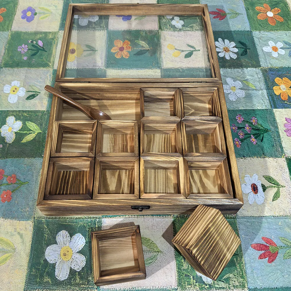 Wooden Spice Organizer Multi-Compartment Storage Box with 12 Removable Containers Spice Fit Box 45ml/0.01gal with Spoon and Lid view 4