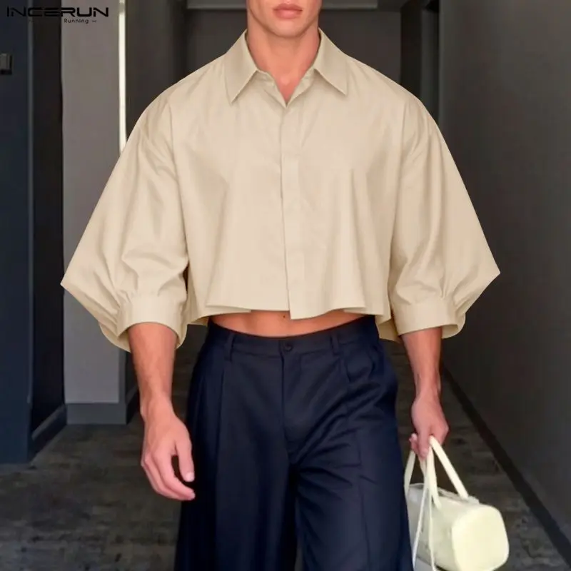INCERUN Men Shirt Solid Color Lapel Puff 3/4 Sleeve Casual Men Clothing Loose Streetwear Fashion Leisure Male Shirts Crop Tops
