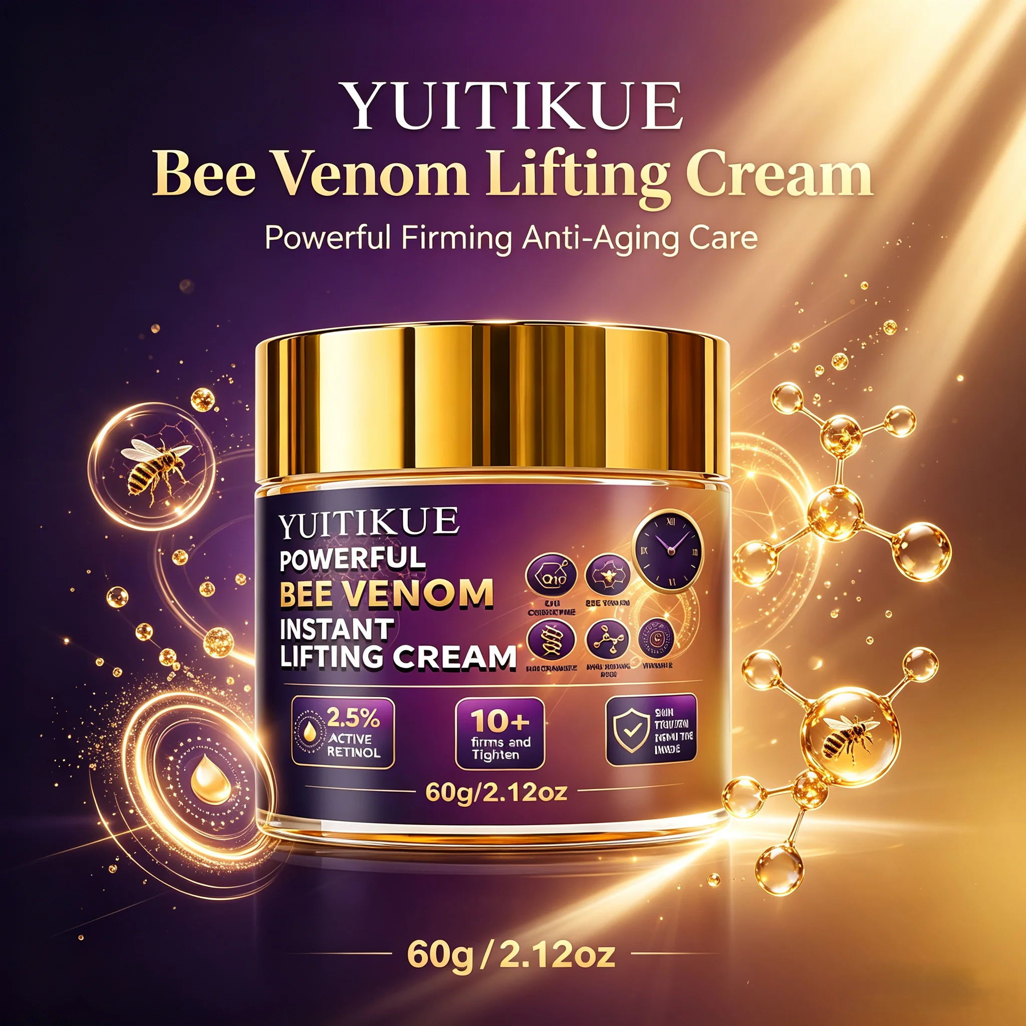 YUITIKUE Bee Venom Instant Lifting Cream 60g 2.5% Retinol Q10 Hyaluronic Acid Firm Tighten Anti Wrinkle Anti Aging Facial Cream