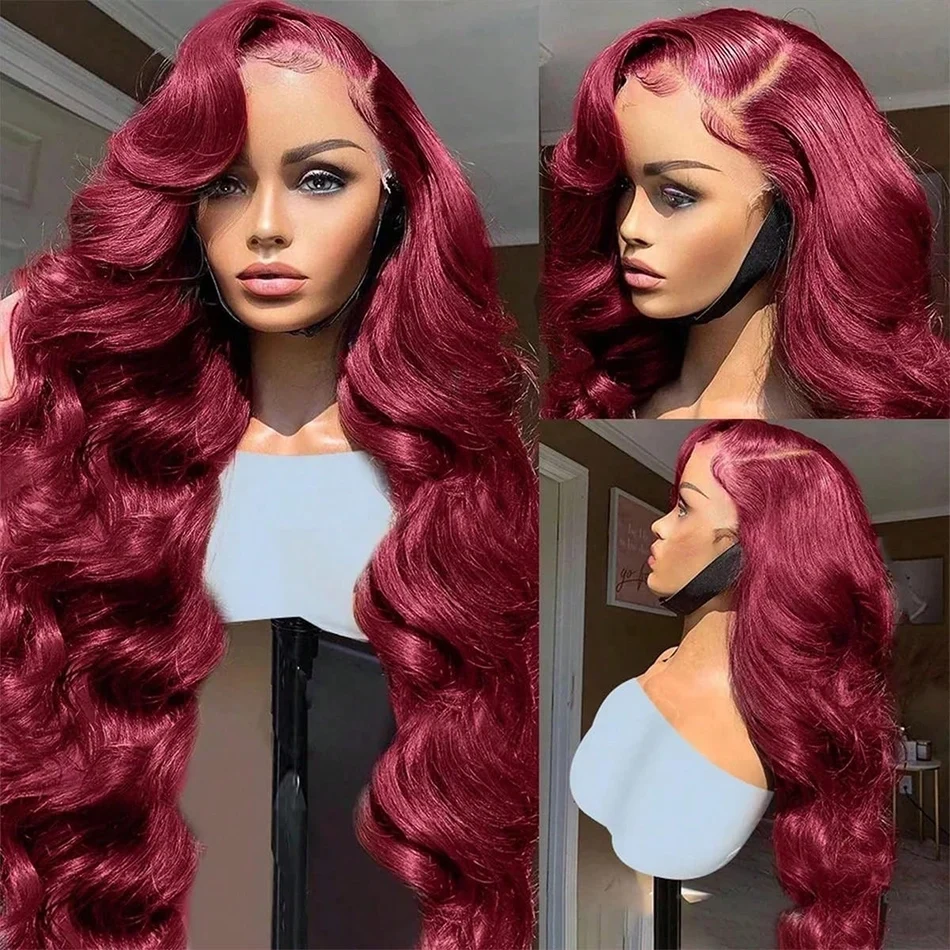 

30 Inch Body Wave 99J Burgundy Human Hair Wigs 13x4 Transparent Lace Front Wigs Pre Plucked 180 Density Lace Front Wigs