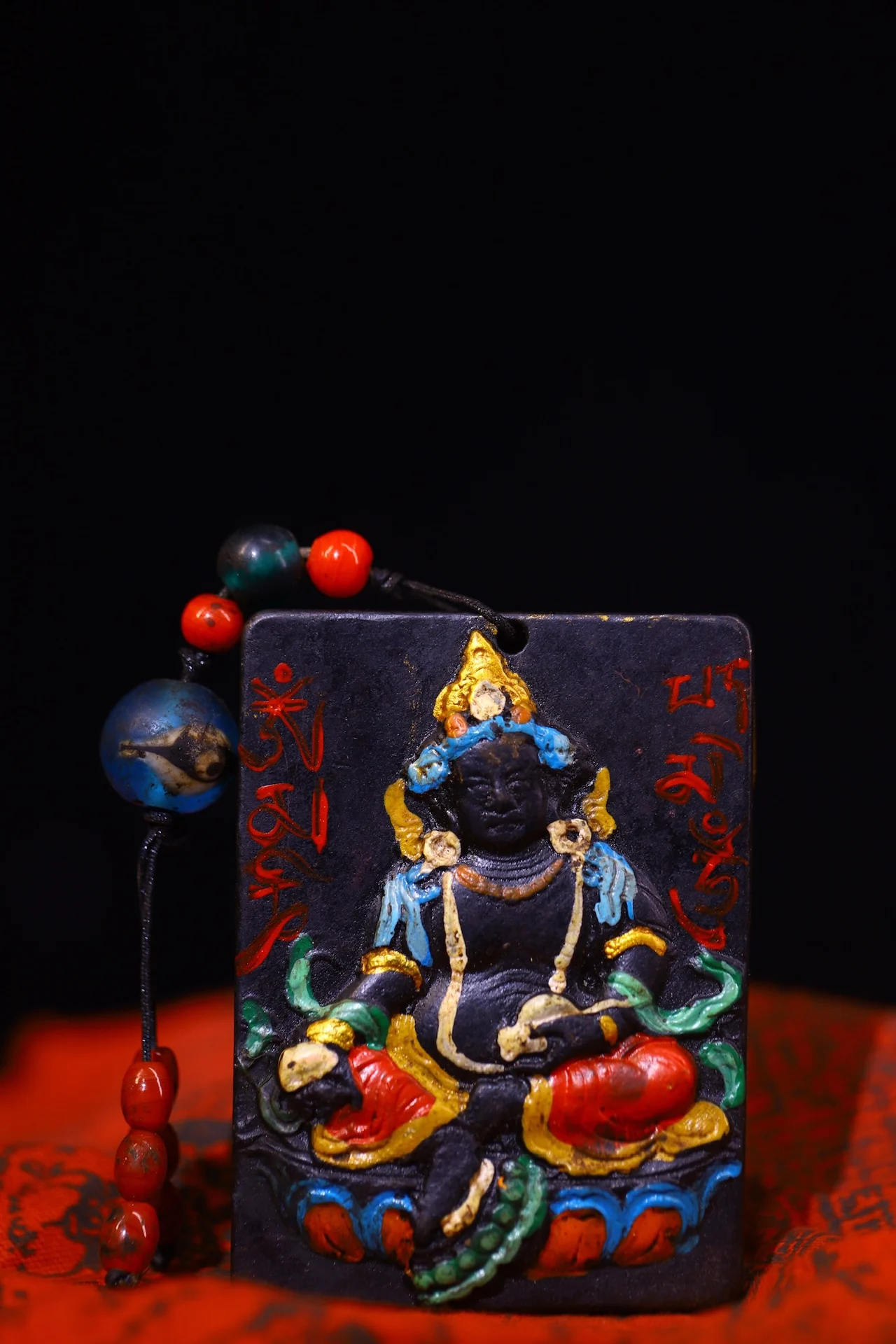 

3"Tibetan Temple Collection Old Natural Meteorite Mosaic Gem gZi Beads Turquoise Yellow Jambhala Buddha Card Amulet