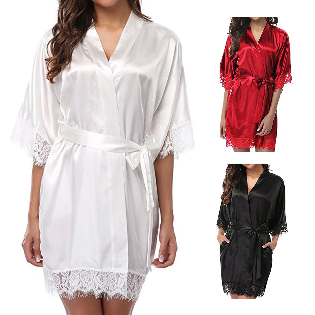 Women Sexy Lace Silky Strap V-neck Pajamas Nightgowns Comfortable Satin Robe Homewear Sleepdress Half Sleeve Female Sleepwear