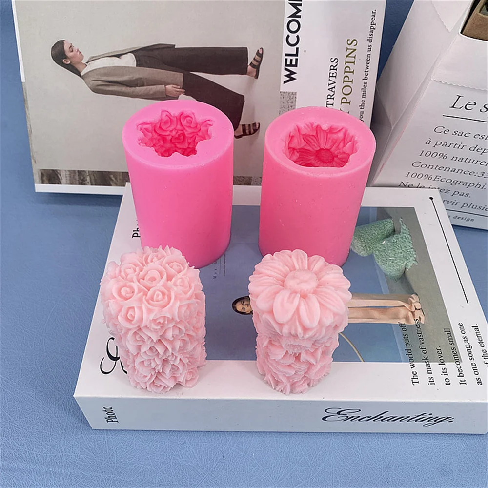 3D Butterfly Heart Rose Carving Cylinder Candle Mold DIY Handmade Flower Relief Craft Plaster Resin Mould Soap Making Tools