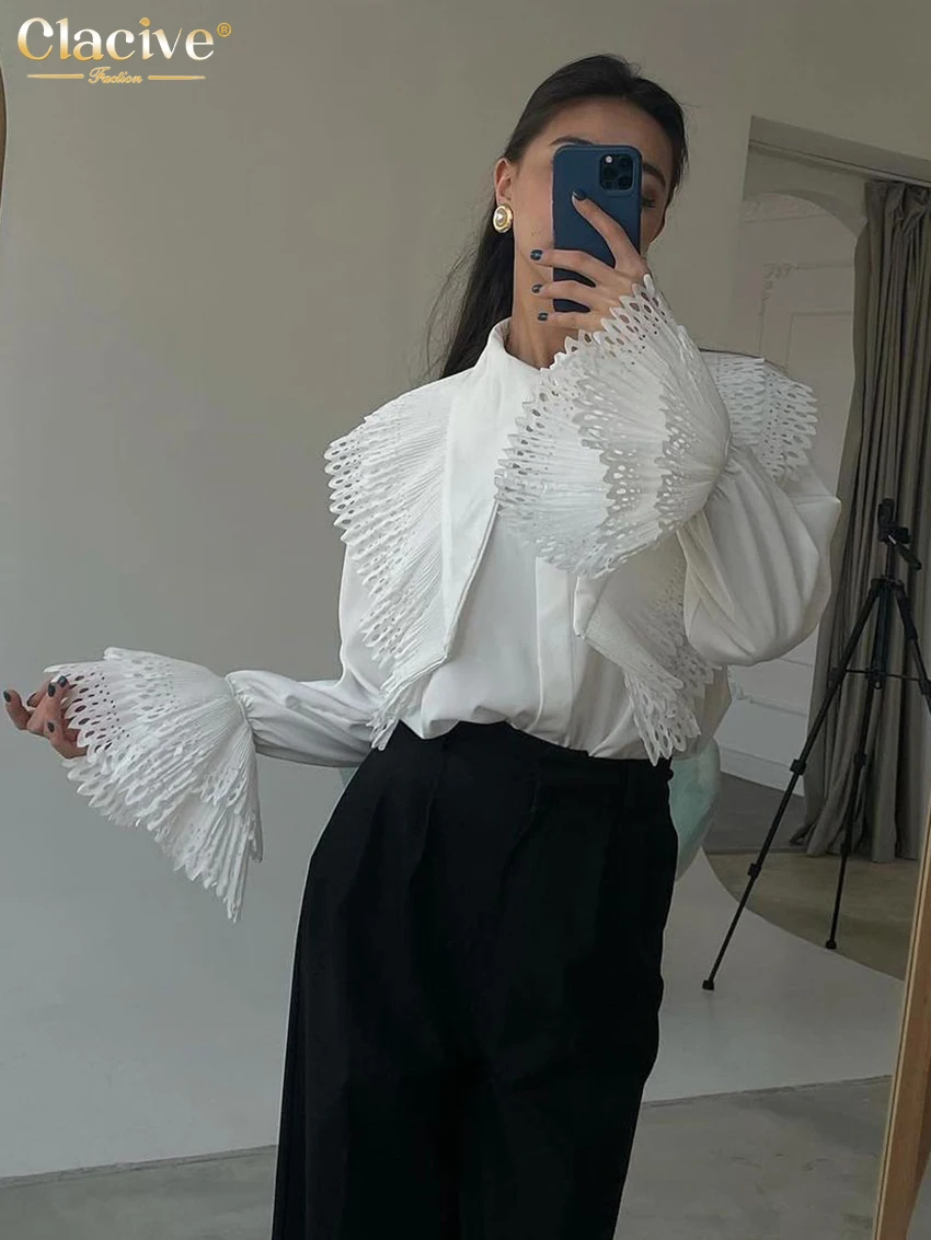 Clacive Casual Loose White Office Women\'S Shirts Fashion Chic Lapel Long Sleeve Blouse Elegant Classic Top Female Clothing 2024