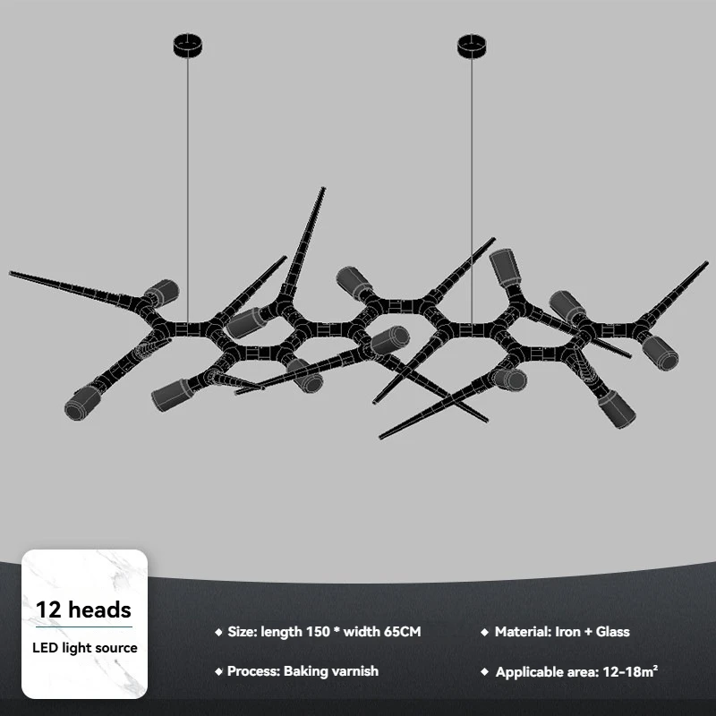 Moderne artistieke takkenvormige kroonluchter voor de eetkamer, zwart ijzer glas LED hanglamp, luxe hanglamp voor keukeneiland