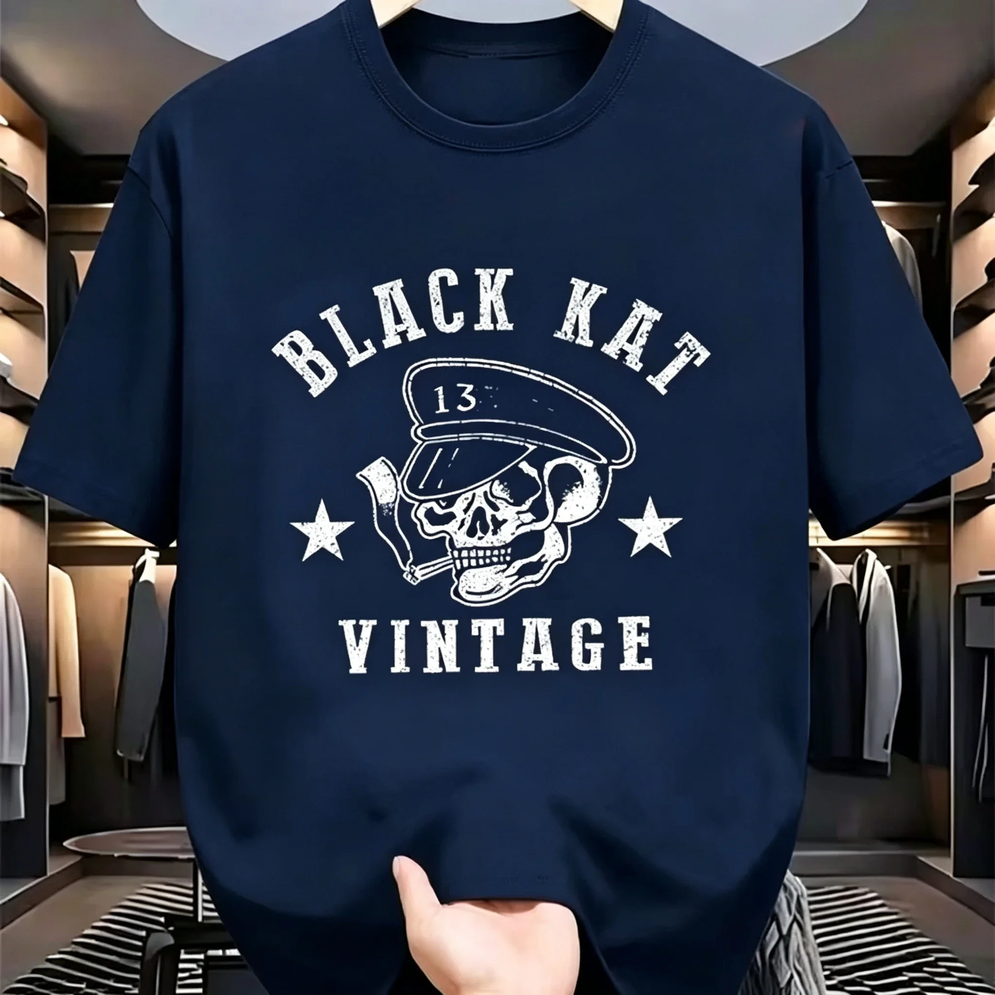 2026 Vintage Kat Skull Cap Distressed Old School Biker Graphic Short Sleeve T‑Shirt For Kids Adults Retro Style Crew Neck Tee