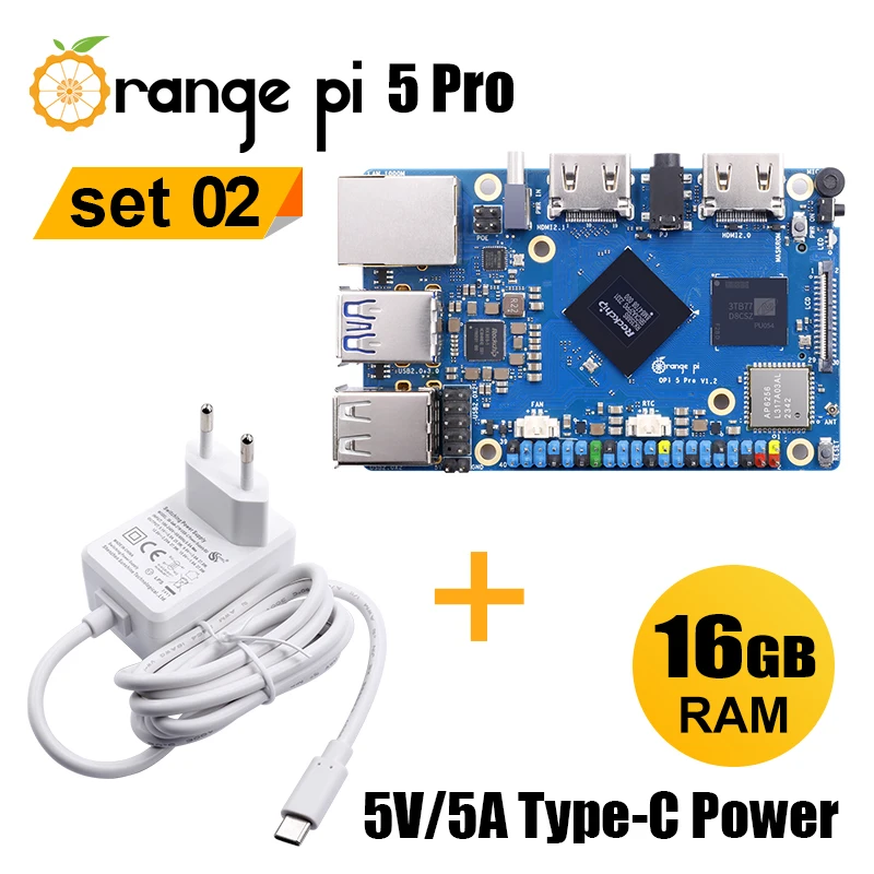 VivaChip TechOrange Pi 5 Pro Single Board Computer With 5V5A Type-C Power Supply Set RK3588S 16GB RAM LPDDR5 Support Wi-Fi 5+BT5