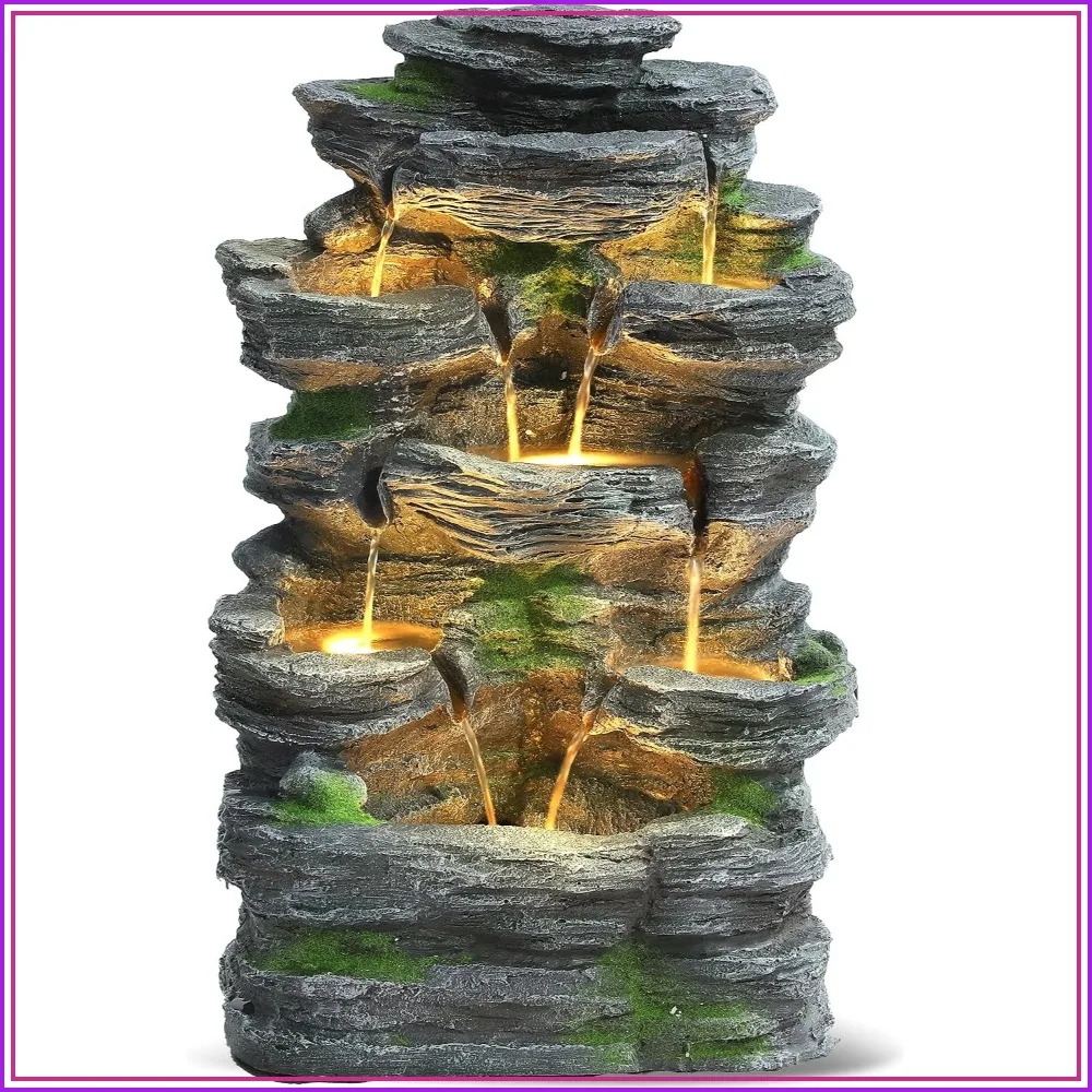 7-Tier Cascading Rock Water Fountain with 6 LED Lights, Stone Look for Garden Patio Yard