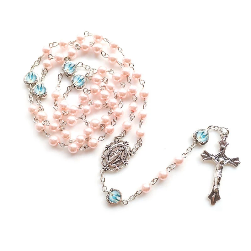 QIGO Glass Imitation Pearl Rosary Necklace Long Crucifix Cross Pendant Religious Jewelry