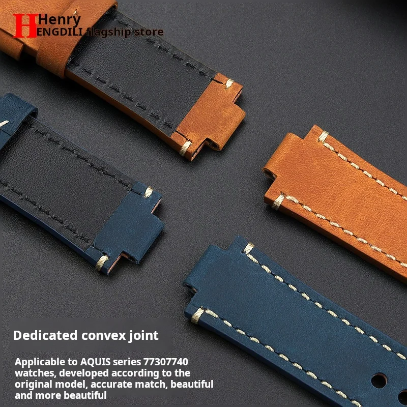 سوار ساعة من جلد البقر الأصلي للرجال ، محدب لـ ORIS AQUIS ، أربطة معصم عتيقة ، بني وأزرق ، من من 24x12mm