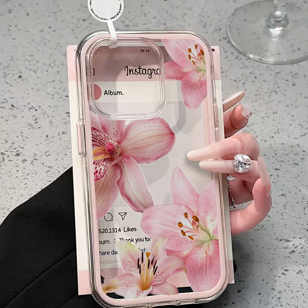Pink Lily Flower Clear Phone Case For iPhone 17 11 12 14 13 16 15 Pro Max 17 Air XR X Case Silicone 2 IN 1 Shockproof Soft Cover view 2