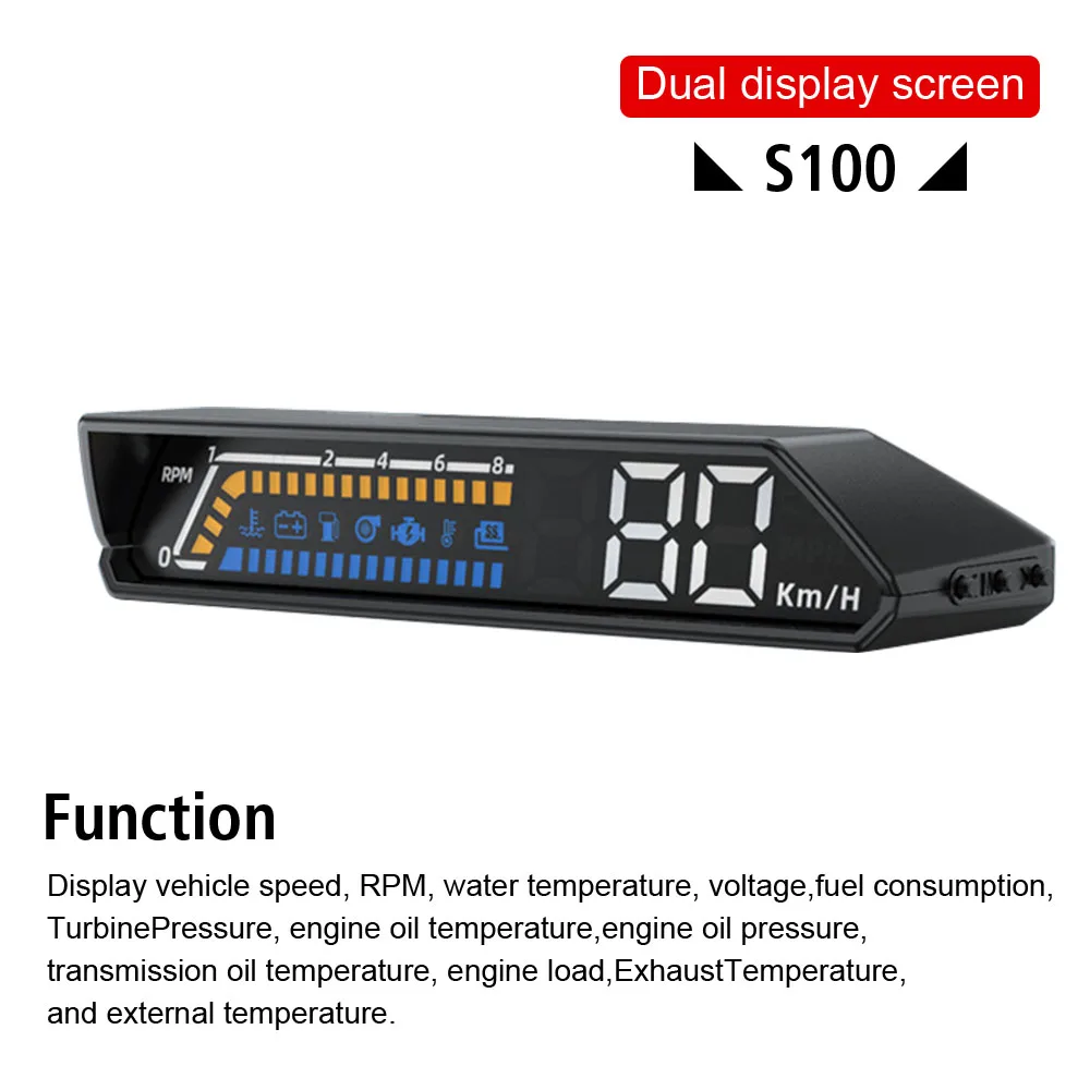 شاشة ديجيتال سيارة رئيس يصل عرض إنذار الأمن السرعة الزائدة الجهد متعدد الوظائف S100 HUD سرعة العارض درجة حرارة الماء
