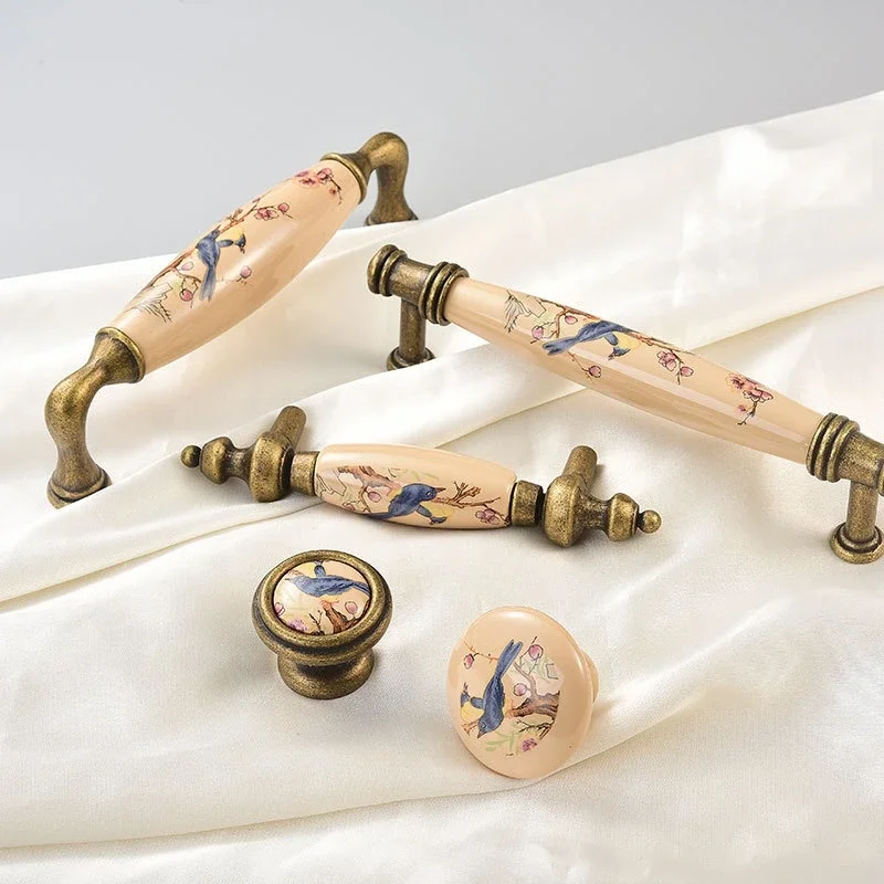Antique  Drawer Cabinet Handles Retro Zinc Alloy Ceramics Flower Dresser Closet Hardwares Kitchen Cupboard Knobs Furniture