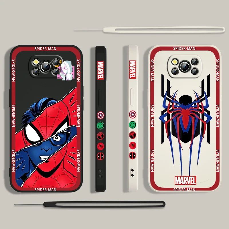 Marvel Spiderman Logos For Xiaomi Poco Cover For X4 X3 F4 NFC M6 M5 M4 M3 GT S Pro 4G 5G Liquid Left Rope Phone Case