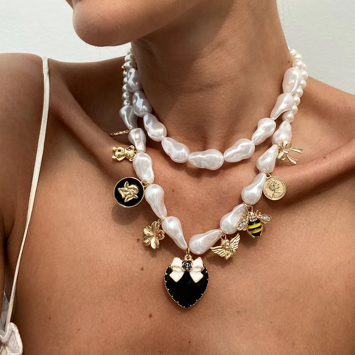 Necklace Bee Pendant Baroque Faux Pearl Heart Tassel with Sturdy Adjustable Silver Tone Chain for Women Office Casual Elegant