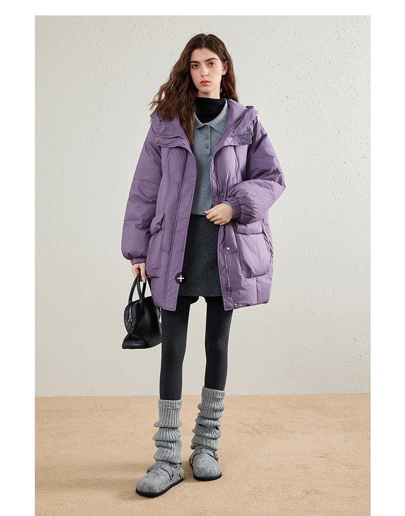 TOYOUTH Womens Down Jacket 2026 Winter New 90 White Duck Down Purple Hooded Large Pocket Warm Long Outerwear