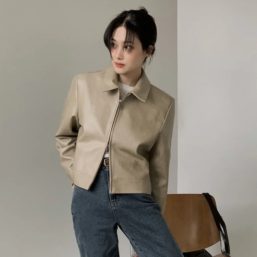 Retro Style Casual Loose Double Zipper Collar Jacket Leather Coat Versatile Fashionable PU Leather Short Sleeve Zipper Closure