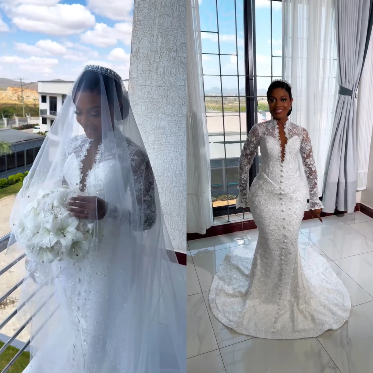Luxury Mermaid Wedding Dresses For Black Women High Neck Lace Sleeve Appliques Beaded Bridal Dress Vestidos De Novia Customized