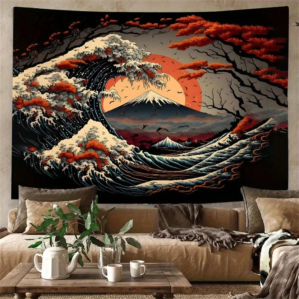 Japanische Gigantische Wellen-Vulkan-Wandteppiche, Sonnenschein-Landschaft Wandbehang für Wohnzimmer, Schlafzimmer, Studentenwohnheim, Perfektes Geschenk für