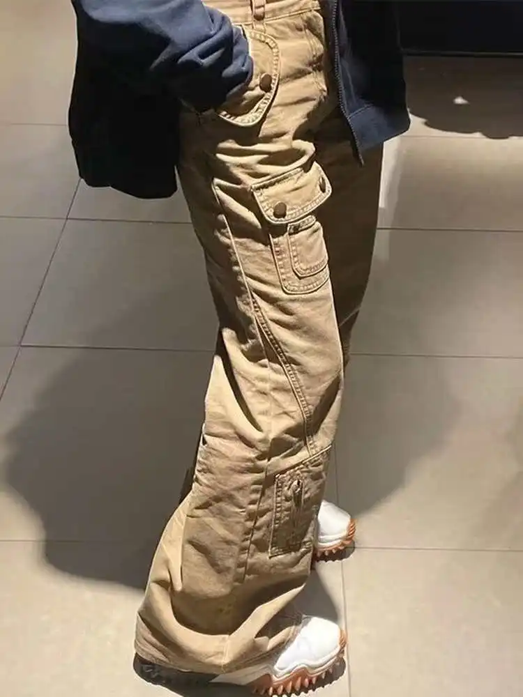 

American Sle Vintage Waed Multi-ket Workwear Denim Pants Women's High Waist Loose Slim Wide Leg Pants Casual Pure Color