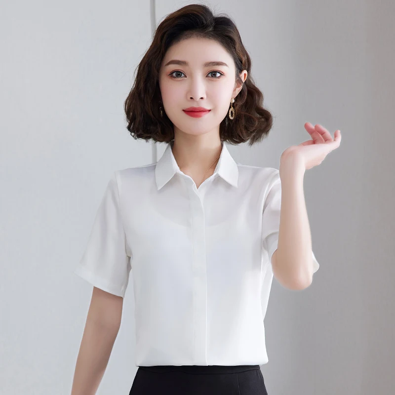 New Lapel Fashion Versatile Satin Professional Pure Color Short Sleeved Shirt For Women\'S Summer Thin Chiffon Temperament Top