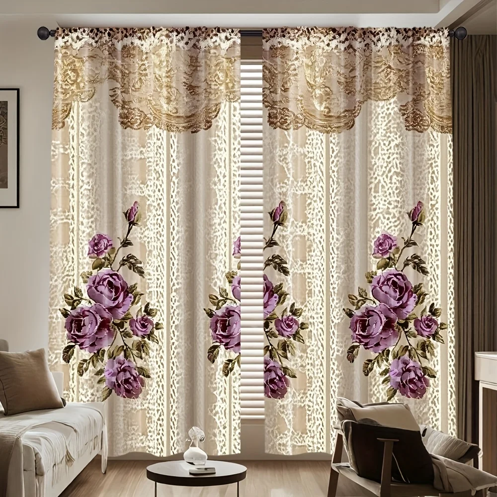 Victorian Luxury Purple Rose Gold Floral Pattern Curtains Window Drapes Elegant Living Room Bedroom House Decor