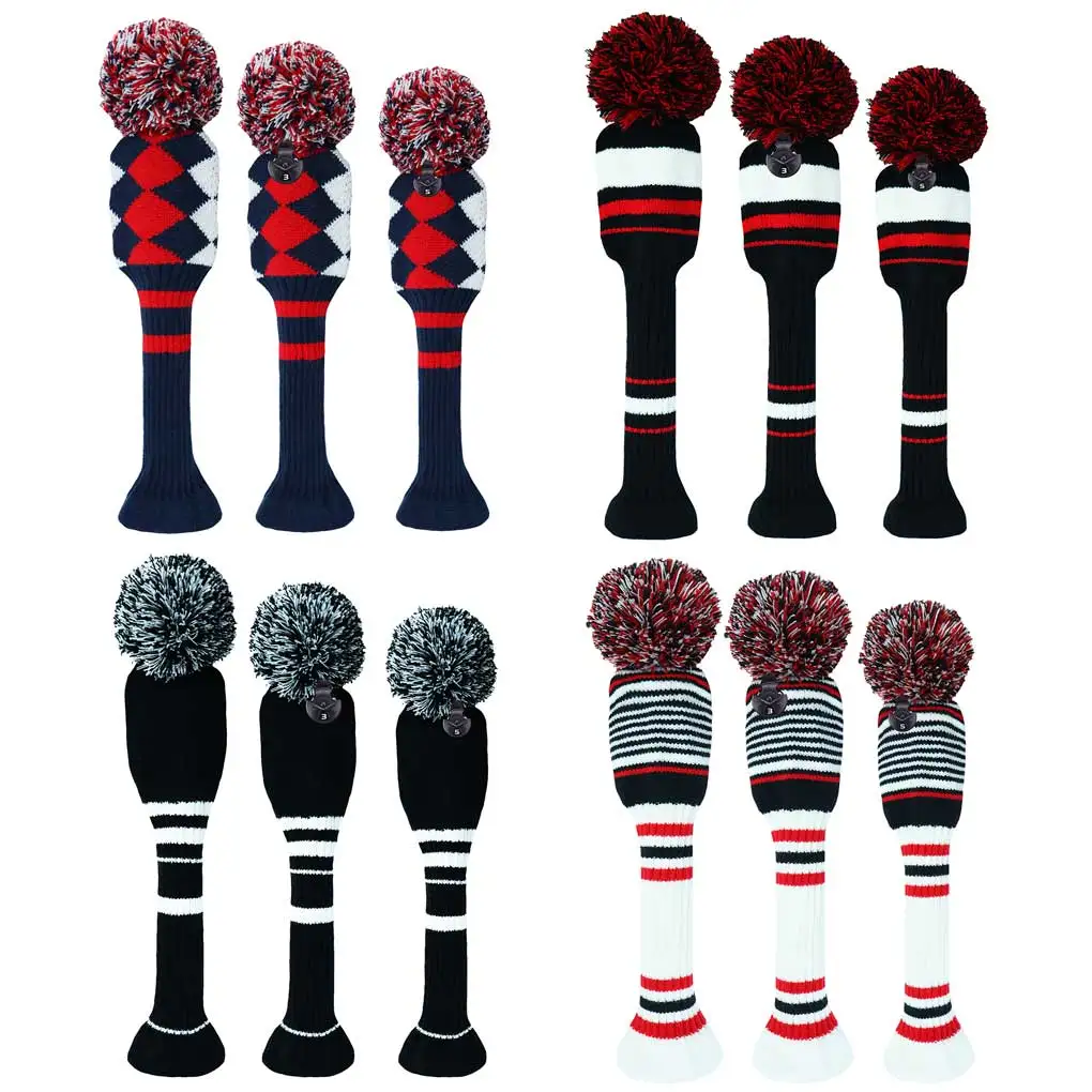 3PCS New Pom Pom Knitted Golf Club Head Covers for Woods Driver Fairway Hybrid with Number Tag 3 5 7 X Golf Club Head Covers